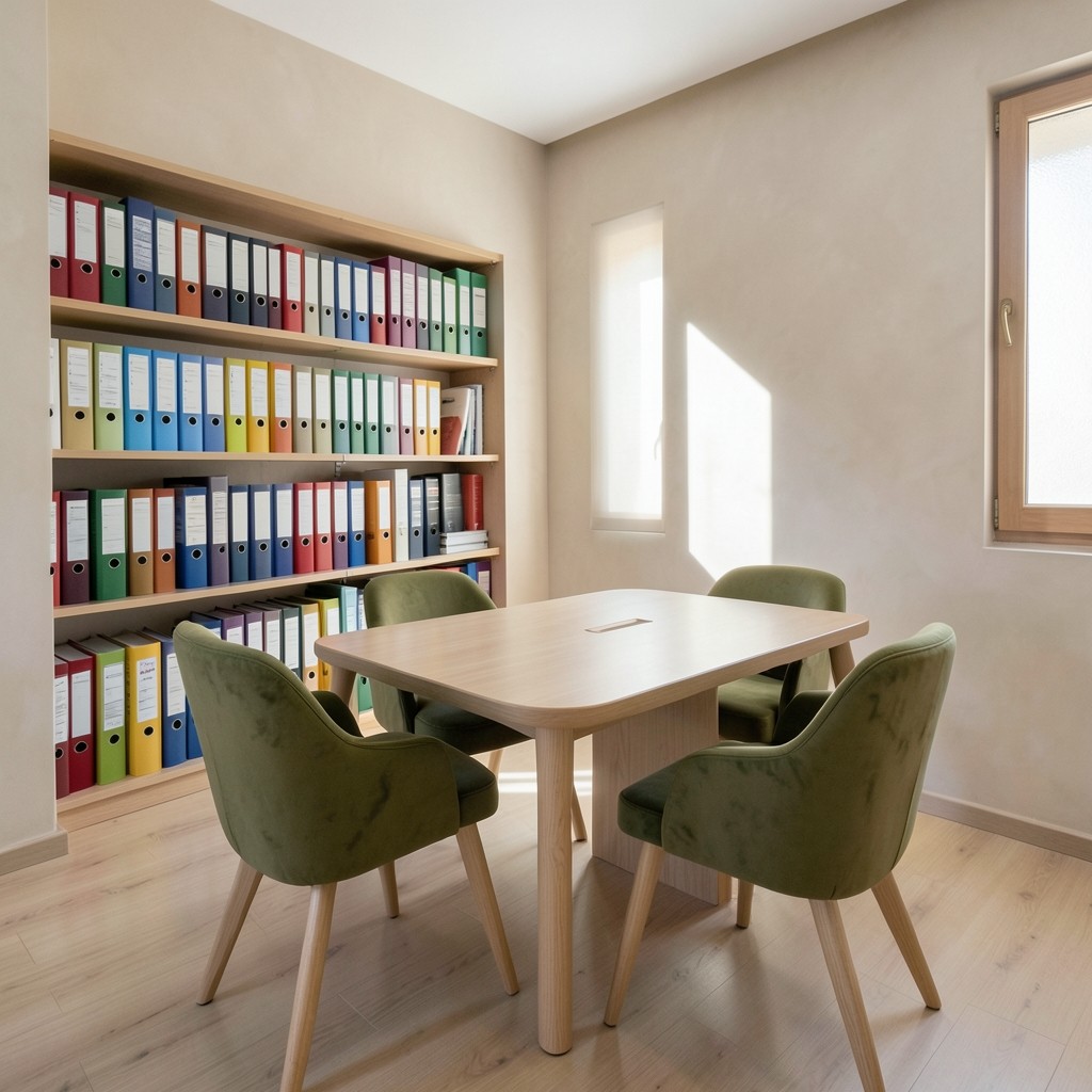 Sala de consulta en Tarragona con mesa de trabajo y estantería de documentación laboral