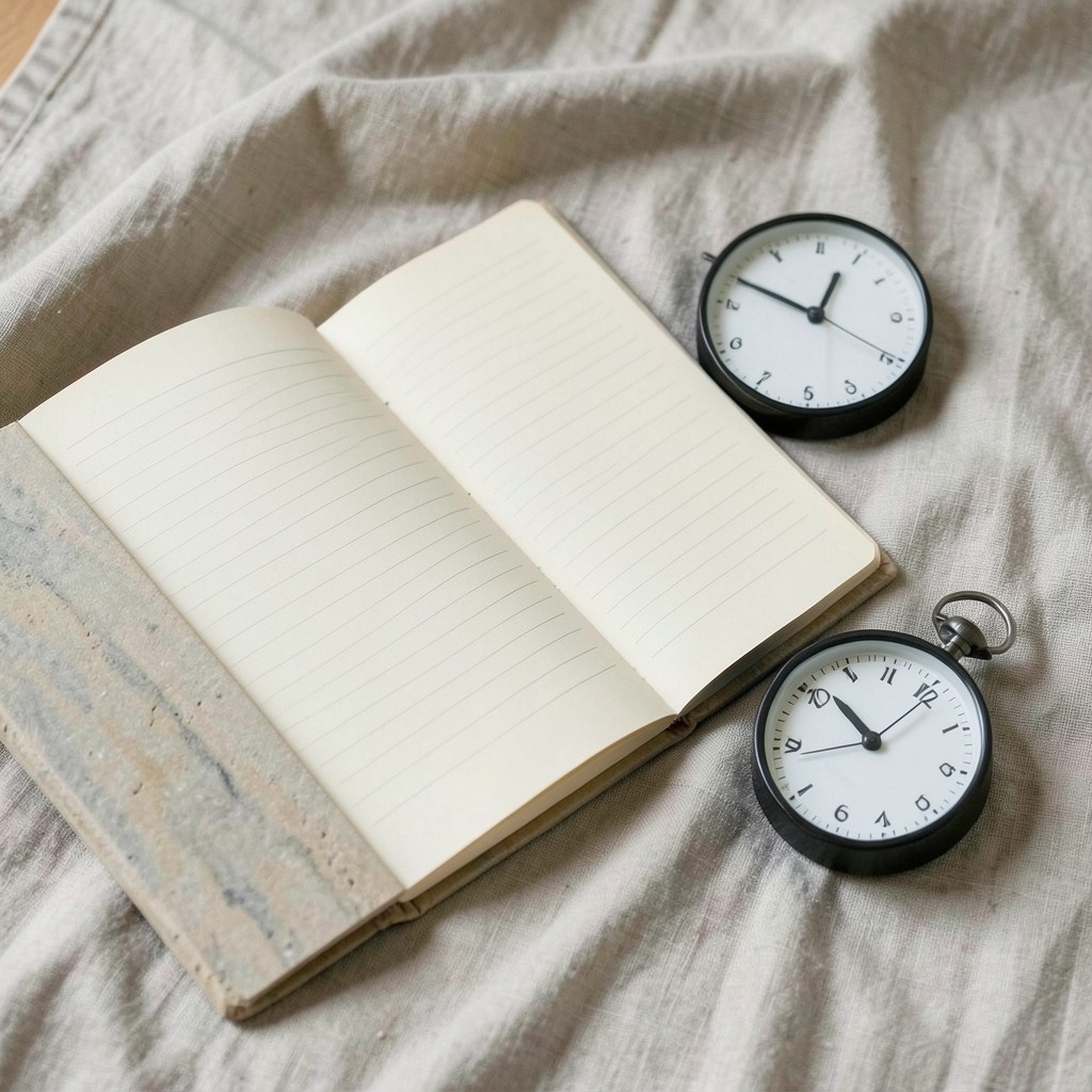 Cuaderno de registro horario junto a un reloj de mesa